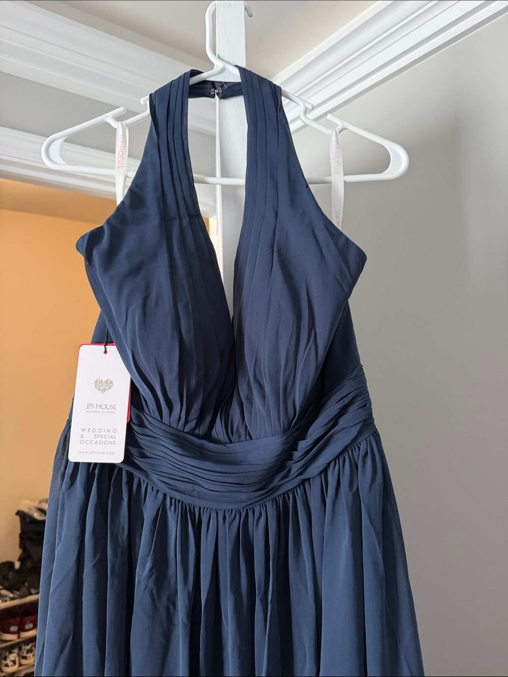 JJs House Navy Halter Backless Pleated Maxi Dress